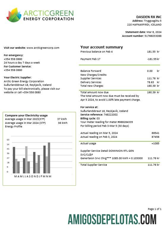 realista Modelo de conta de serviços públicos de eletricidade da Islândia Arctic Green Energy Corporation em Word e PDF